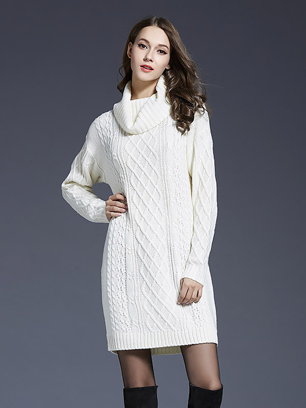 White Roll Neck Solid Color Knit Dresses