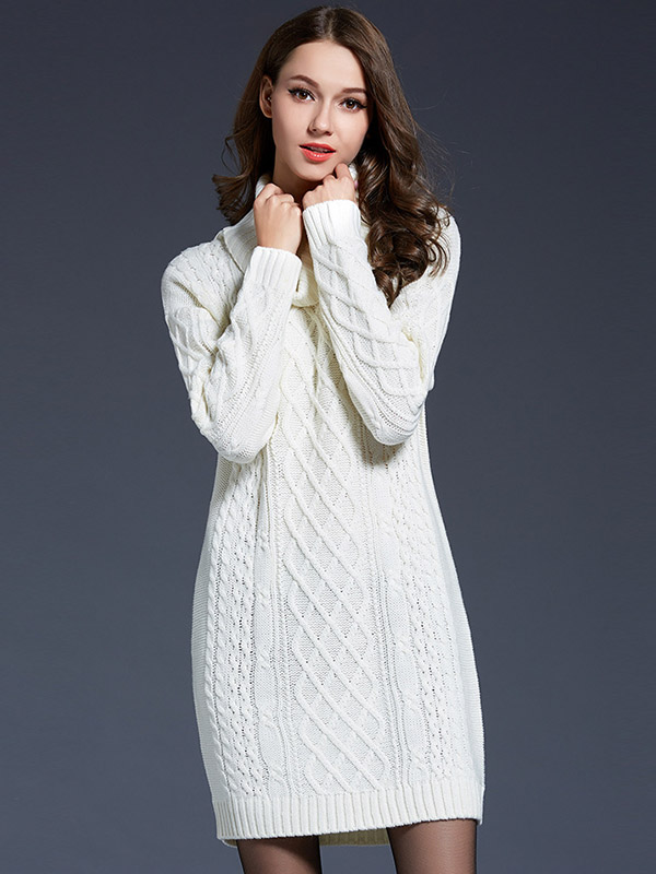 White Roll Neck Solid Color Knit Dresses