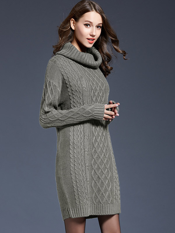 Grey Roll Neck Solid Color Knit Dresses