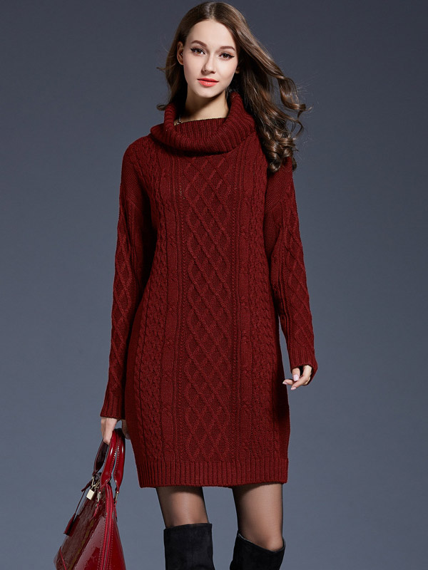 Red Roll Neck Solid Color Knit Dresses