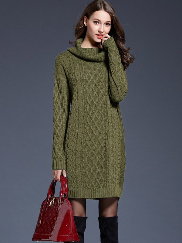 Green Roll Neck Solid Color Knit Dresses