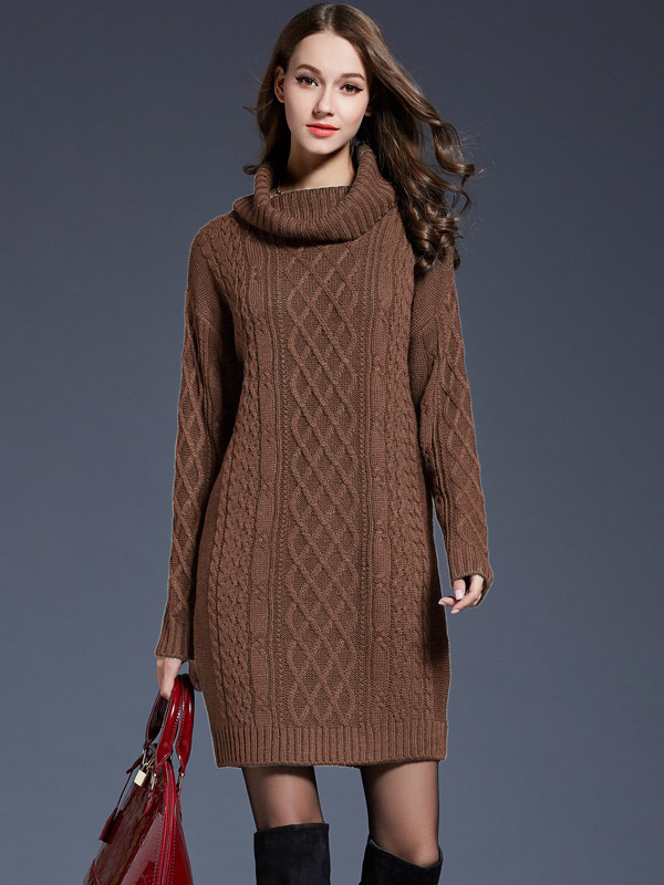 Camel Roll Neck Solid Color Knit Dresses