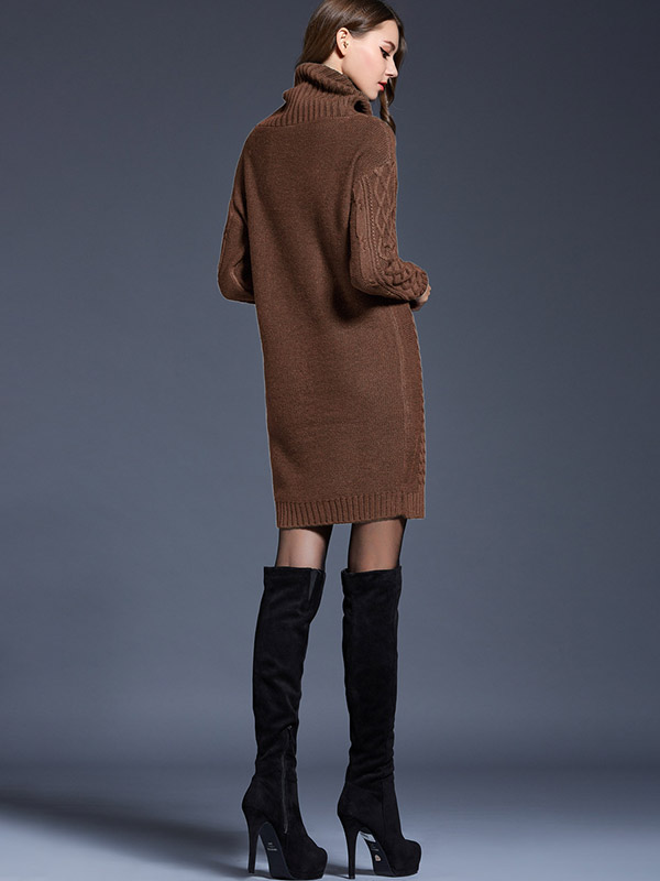 Camel Roll Neck Solid Color Knit Dresses