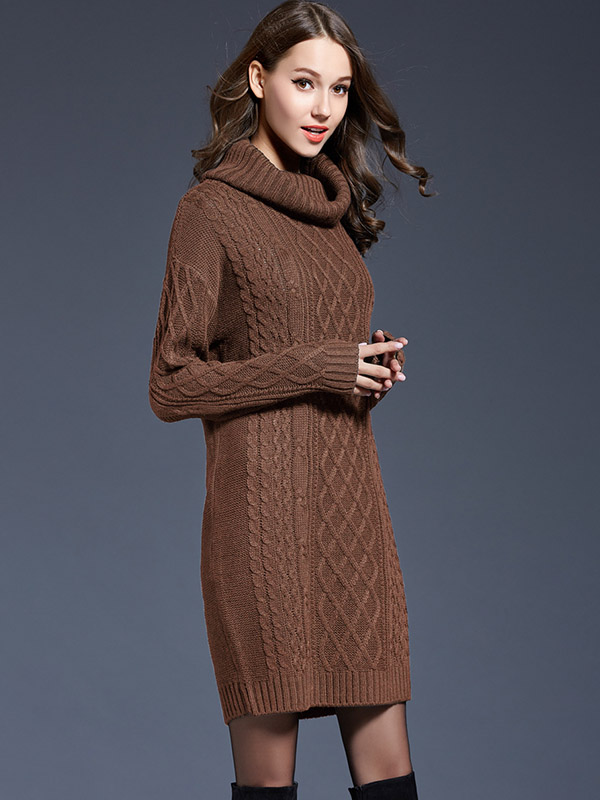 Camel Roll Neck Solid Color Knit Dresses