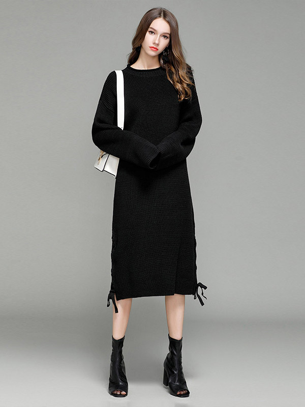 Black Oversized Maxi Knit Dresses With Knot Details