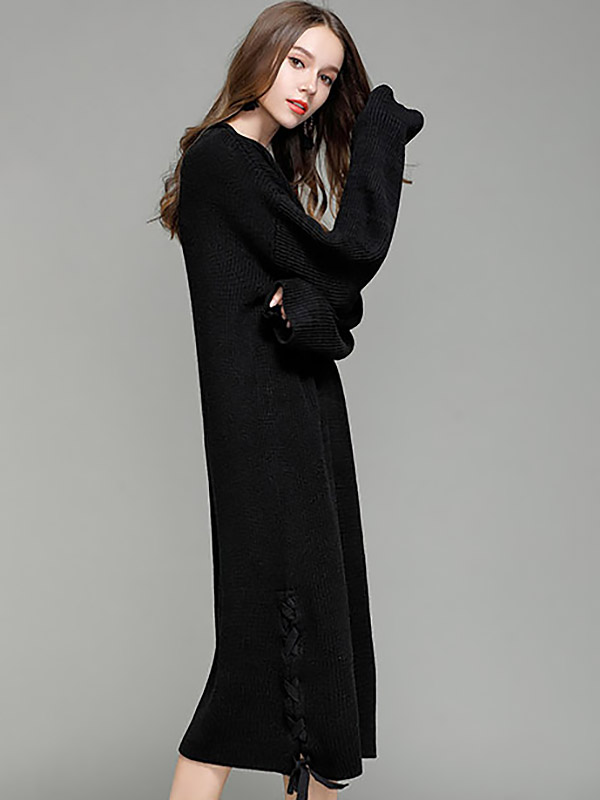 Black Oversized Maxi Knit Dresses With Knot Details