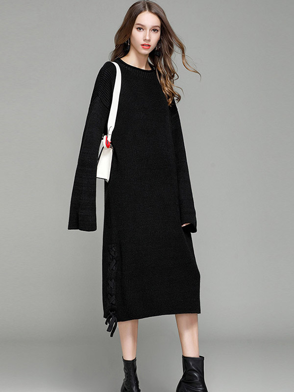 Black Oversized Maxi Knit Dresses With Knot Details