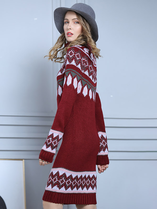 Red Retro Jacquard Elements Knit Dresses