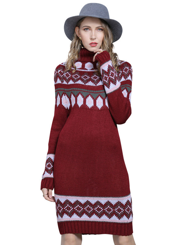 Red Retro Jacquard Elements Knit Dresses