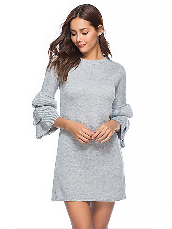 Grey Flared Sleeves Solid Color Knit Dresses