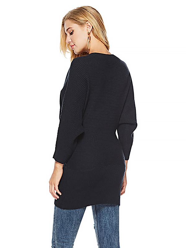 Black Boat Neck Knit Dresses With Cape Sleeves