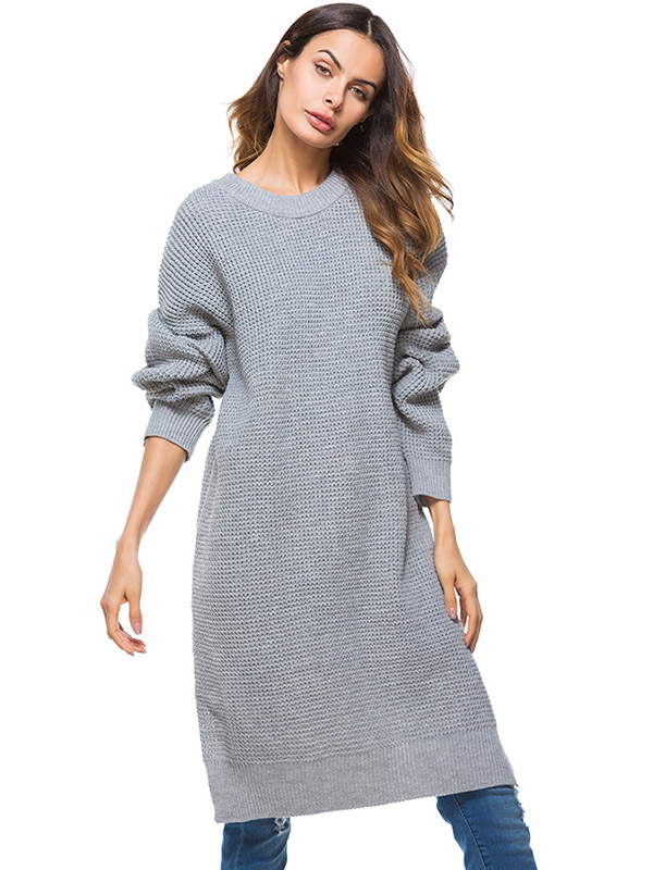 Grey Oversized Two Sides Split Knit Dresses