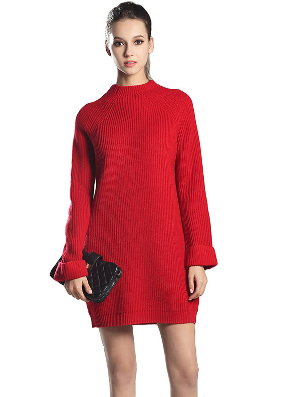 Red Roll Sleeves Midi Knit Dresses