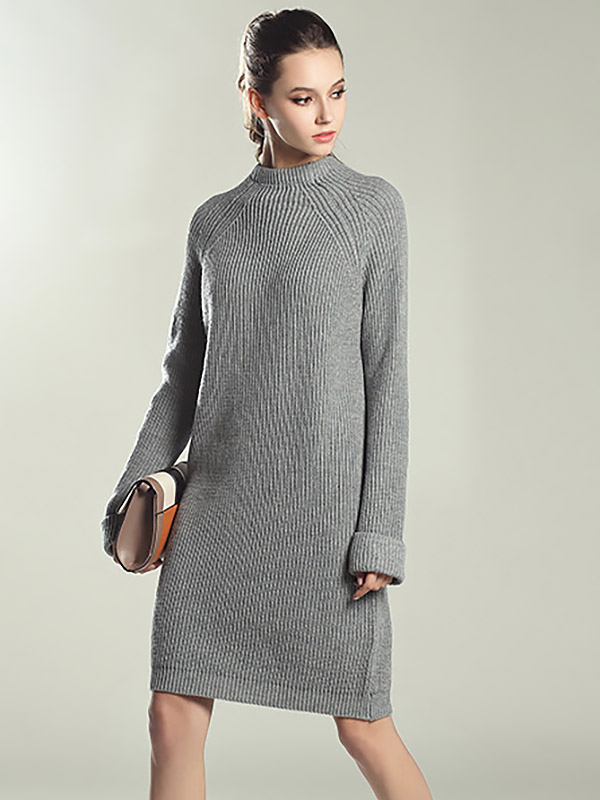 Grey Roll Sleeves Midi Knit Dresses