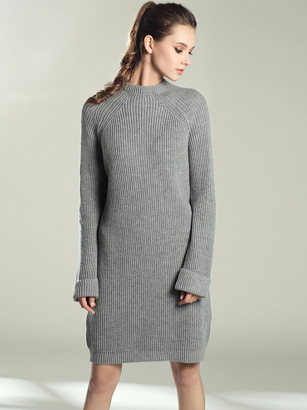 Grey Roll Sleeves Midi Knit Dresses