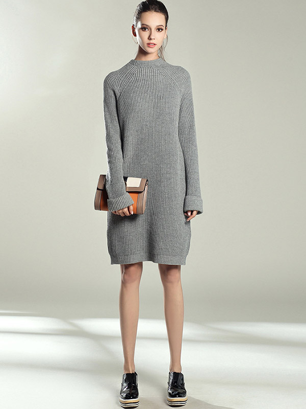 Grey Roll Sleeves Midi Knit Dresses