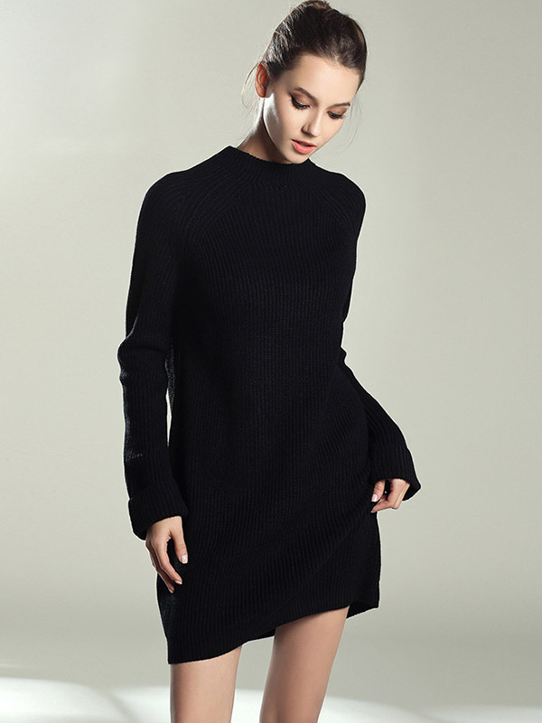 Black Roll Sleeves Midi Knit Dresses