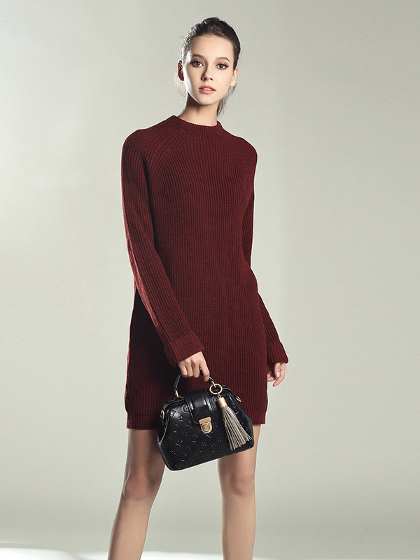 Wine Red Roll Sleeves Midi Knit Dresses