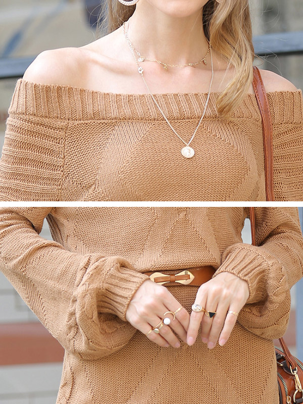 Brown Off The Shoulder Bodycon Knit Dresses