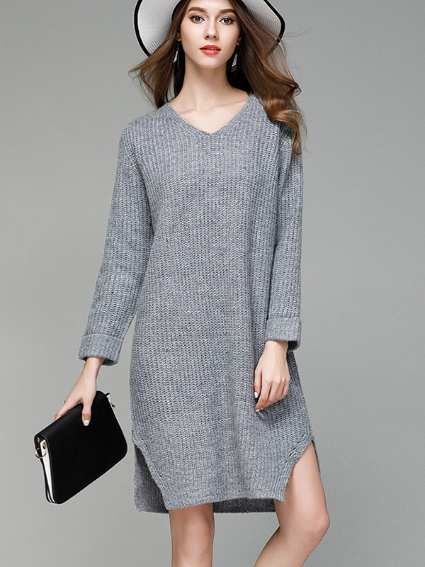 Grey V-neck Maxi Shift Knit Dresses