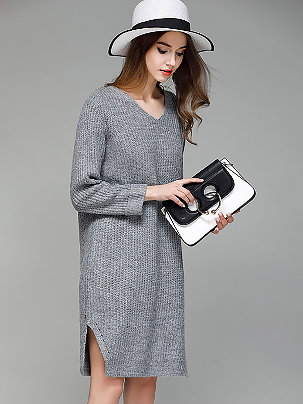 Grey V-neck Maxi Shift Knit Dresses