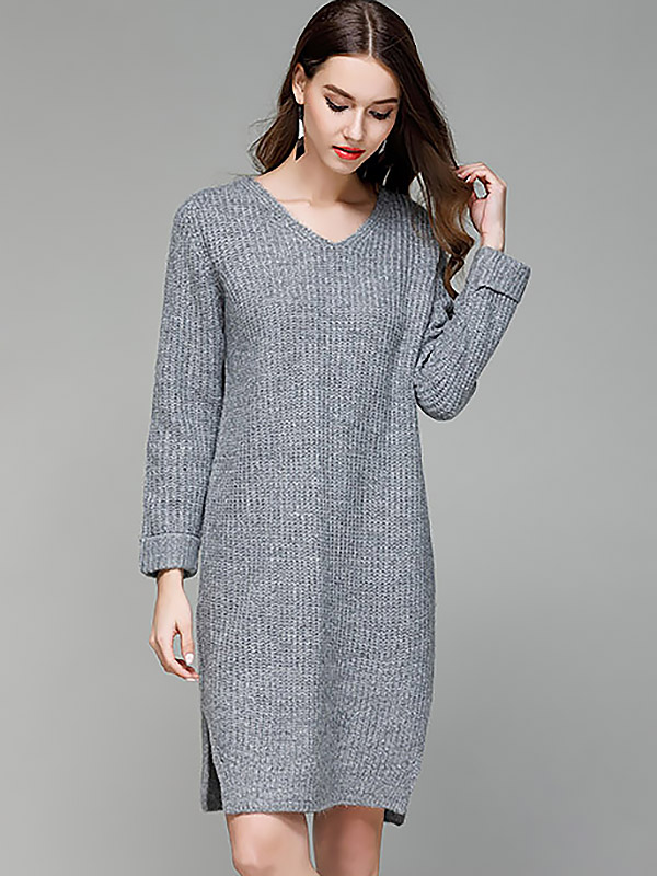 Grey V-neck Maxi Shift Knit Dresses