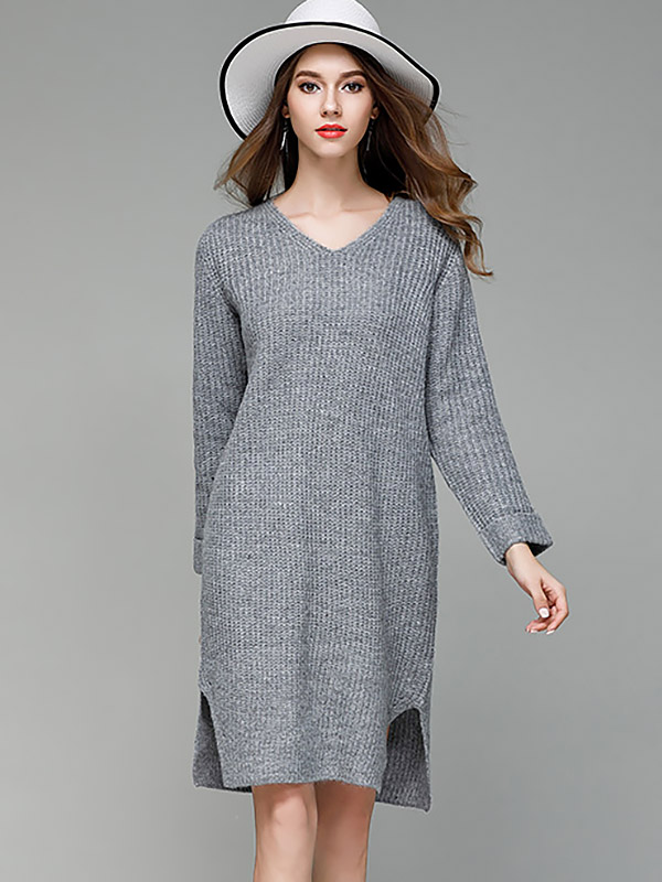 Grey V-neck Maxi Shift Knit Dresses