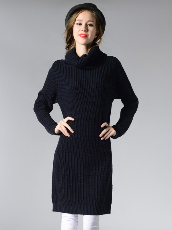 Black Loose Midi Knit Dresses With Funnel Neck