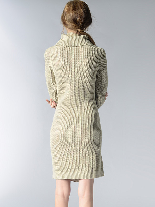 Beige Loose Midi Knit Dresses With Funnel Neck