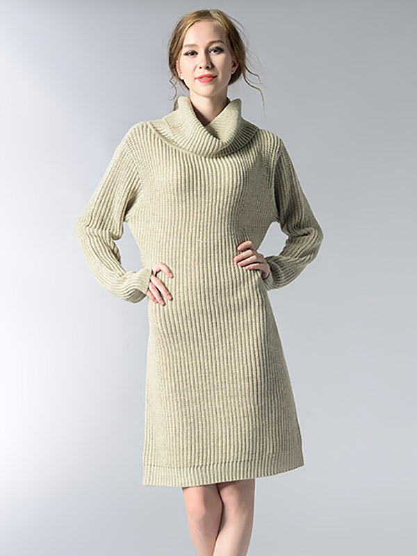 Beige Loose Midi Knit Dresses With Funnel Neck