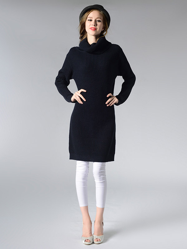 Navy Blue Loose Midi Knit Dresses With Funnel Neck