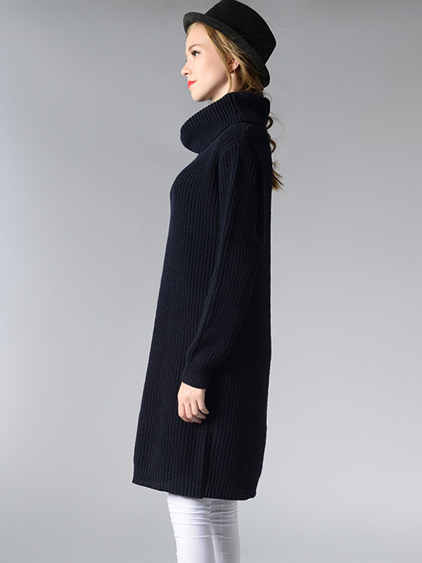 Navy Blue Loose Midi Knit Dresses With Funnel Neck