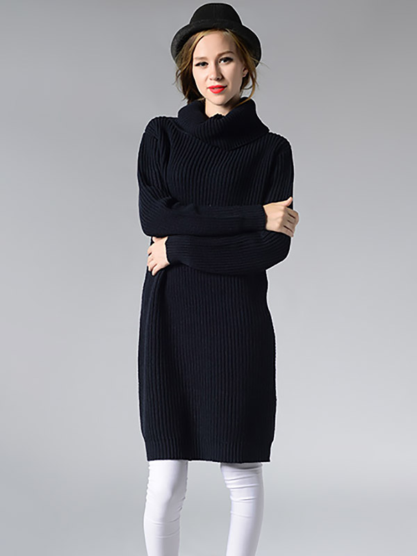 Navy Blue Loose Midi Knit Dresses With Funnel Neck