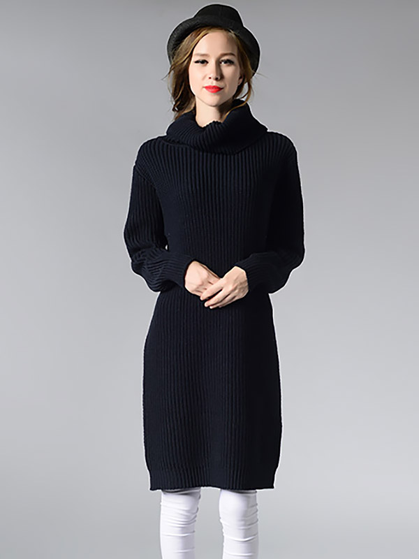 Navy Blue Loose Midi Knit Dresses With Funnel Neck