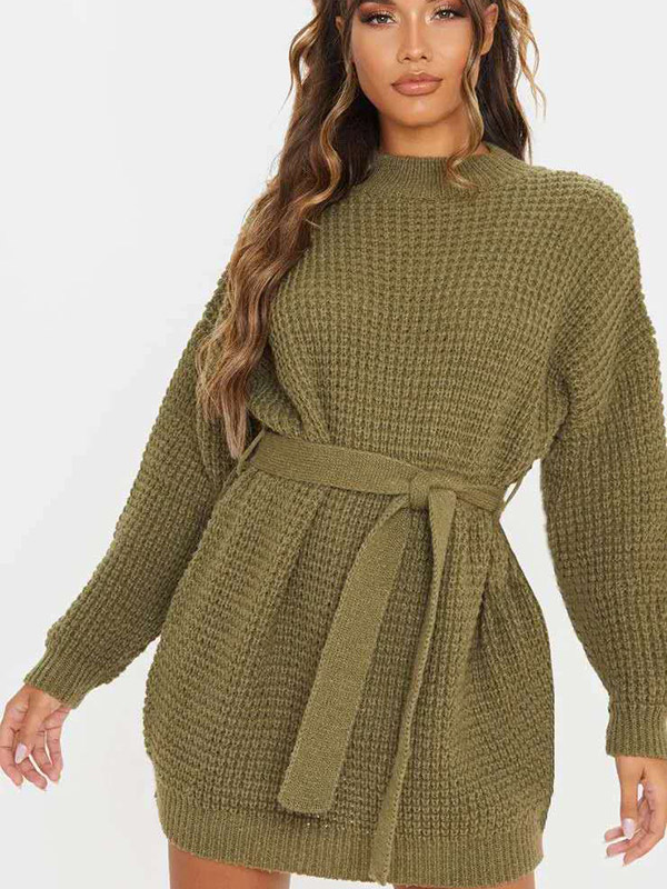 Green Oversized Knit Dresses With Belt