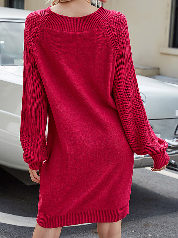 Red Comfortable Round Neck Knit Dresses