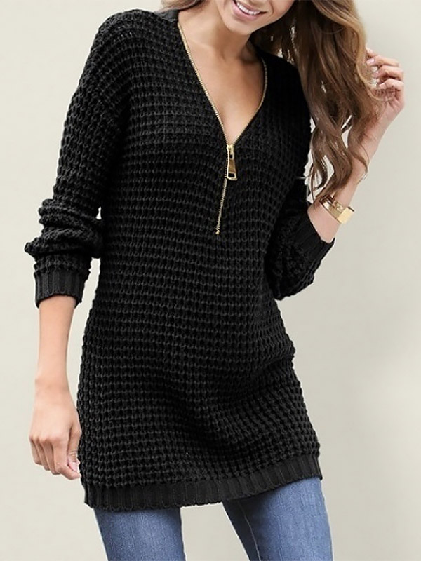 Black V-neck Zip Fastening Midi Knit Dresses