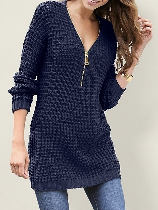 Navy Blue V-neck Zip Fastening Midi Knit Dresses