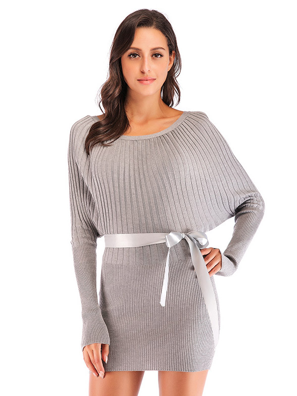 Grey Boat Neck Knitted Mini Dress