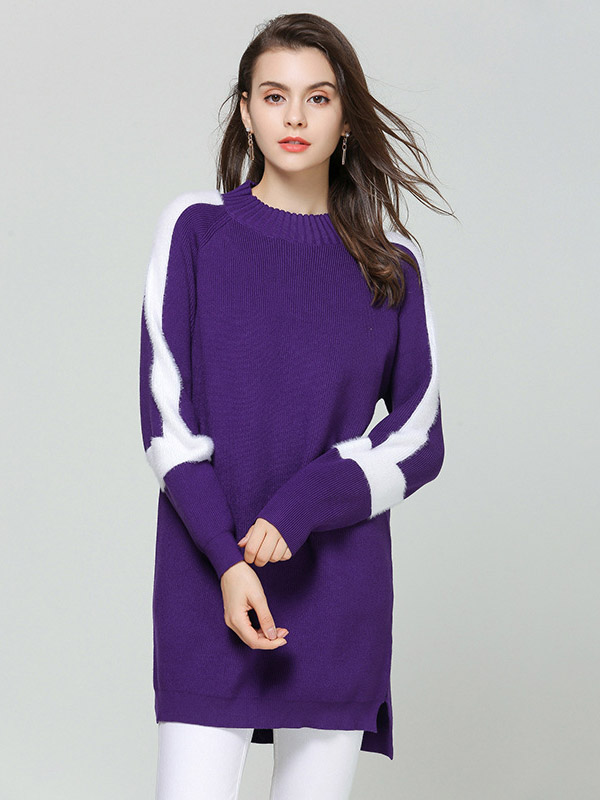 Purple Round Neck Shift Sweater Dress