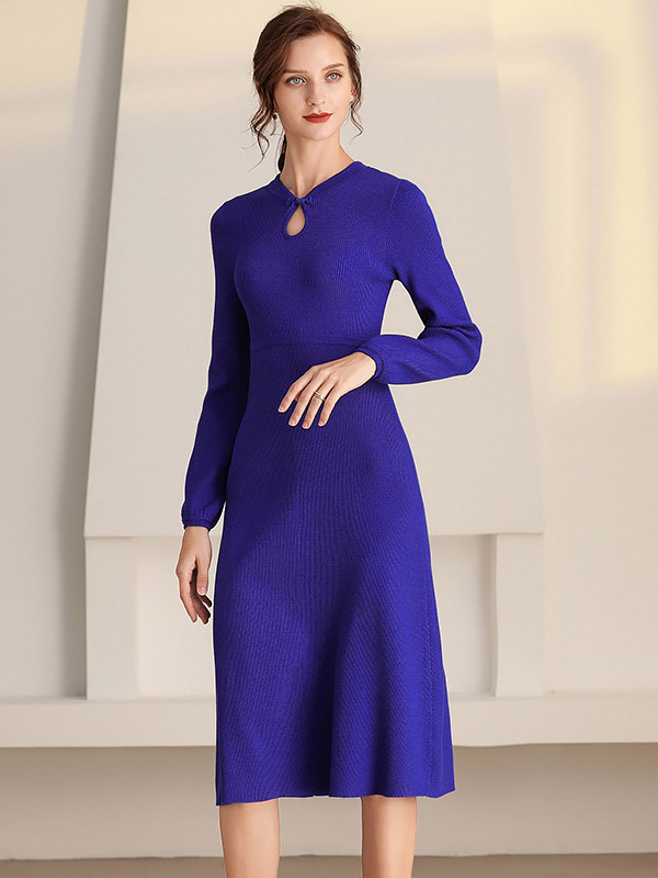 Purple Round Neck A-line Knitted Dress