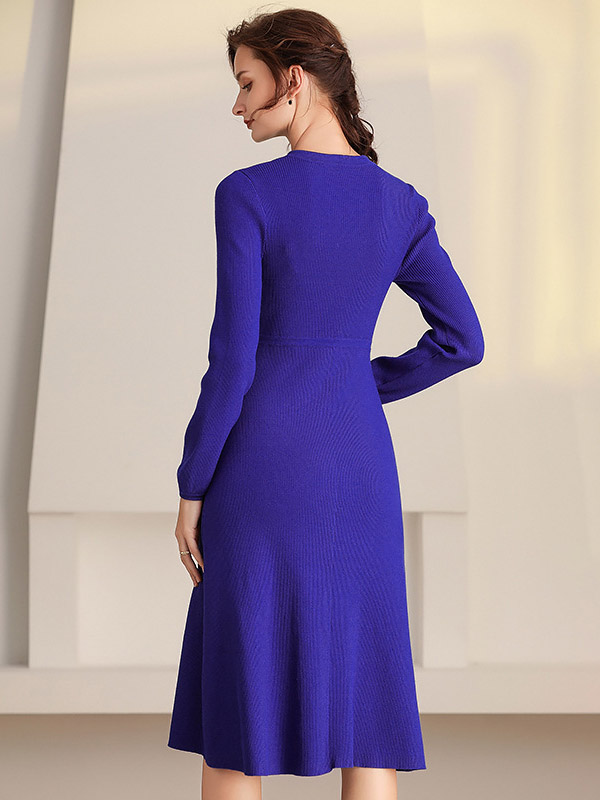 Purple Round Neck A-line Knitted Dress