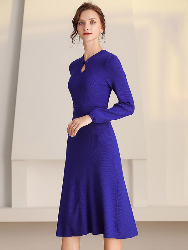 Purple Round Neck A-line Knitted Dress