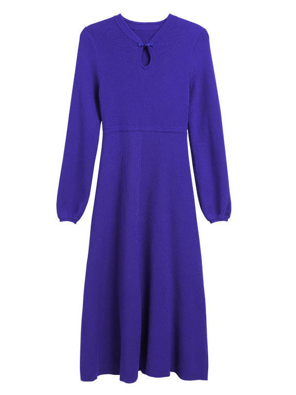 Purple Round Neck A-line Knitted Dress