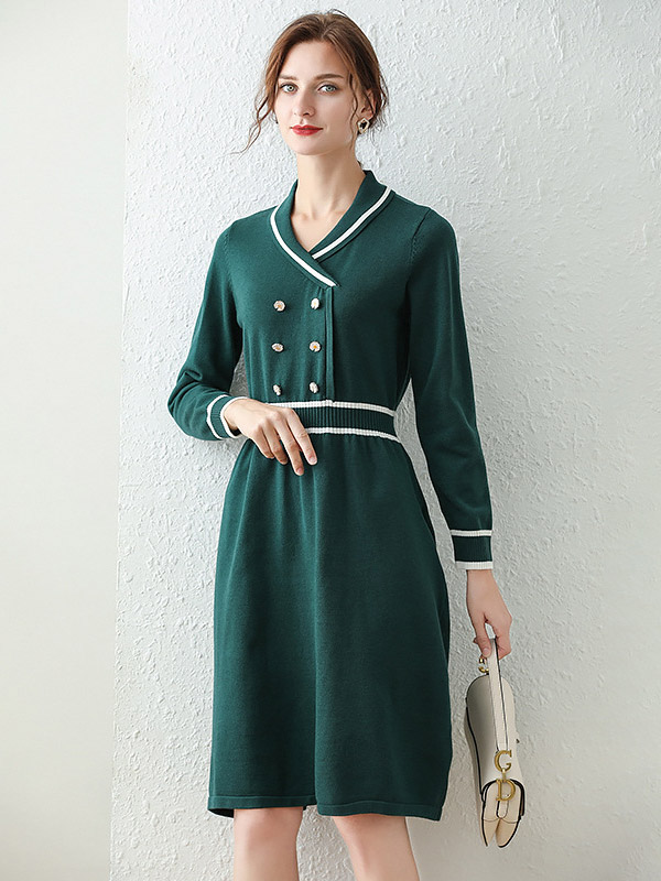 Dark Green Shawl Collar Double Breasted Knitted Dress