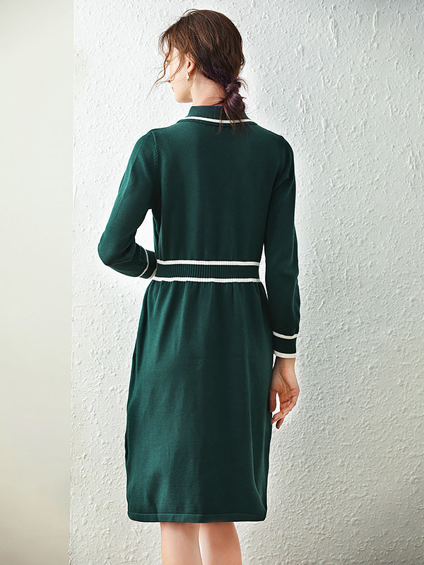 Dark Green Shawl Collar Double Breasted Knitted Dress