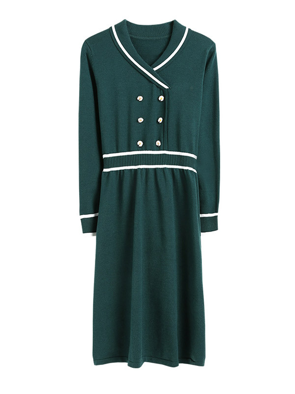 Dark Green Shawl Collar Double Breasted Knitted Dress