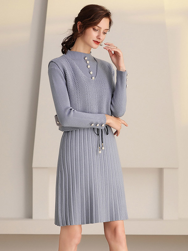 Blue Crew Neck Knitted Tie Waist Pleated Dress