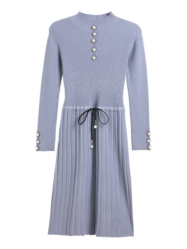 Blue Crew Neck Knitted Tie Waist Pleated Dress