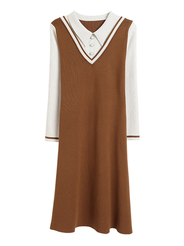 Brown Polo Collar Knitted Midi Dress